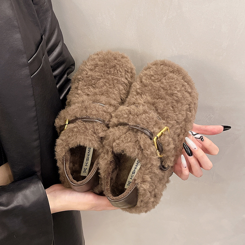Ženske zimske cipele s debelom potplatom, gornji dio od brušene kože (suede), unutrašnjost od umjetnog kratkog krzna, slip-on, okrugli nos