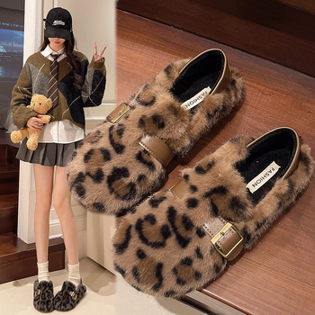 Ženske zimske cipele s leopard uzorkom i umjetnim krznom, Velcro zatvarač, slip-on, niski potplat, okrugli vrh
