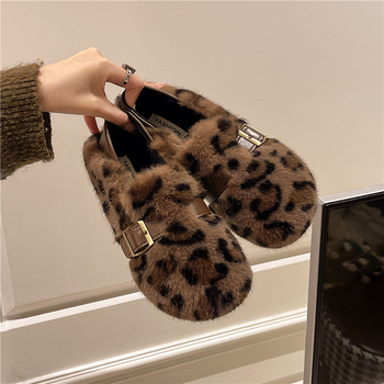 Ženske zimske cipele s leopard uzorkom i umjetnim krznom, Velcro zatvarač, slip-on, niski potplat, okrugli vrh