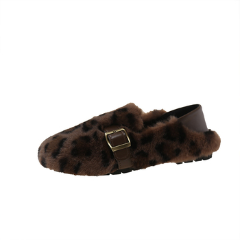 Ženske zimske cipele s leopard uzorkom i umjetnim krznom, Velcro zatvarač, slip-on, niski potplat, okrugli vrh