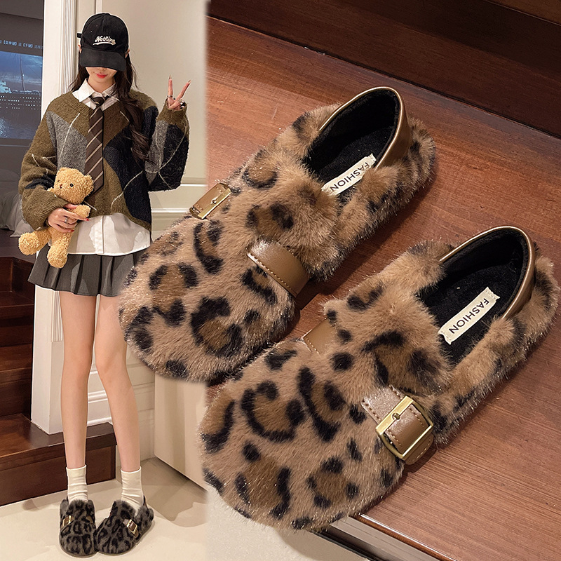 Ženske zimske cipele s leopard uzorkom i umjetnim krznom, Velcro zatvarač, slip-on, niski potplat, okrugli vrh