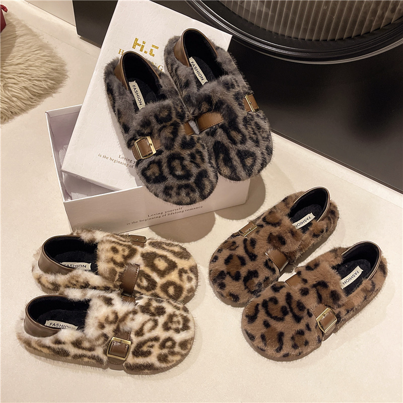 Ženske zimske cipele s leopard uzorkom i umjetnim krznom, Velcro zatvarač, slip-on, niski potplat, okrugli vrh
