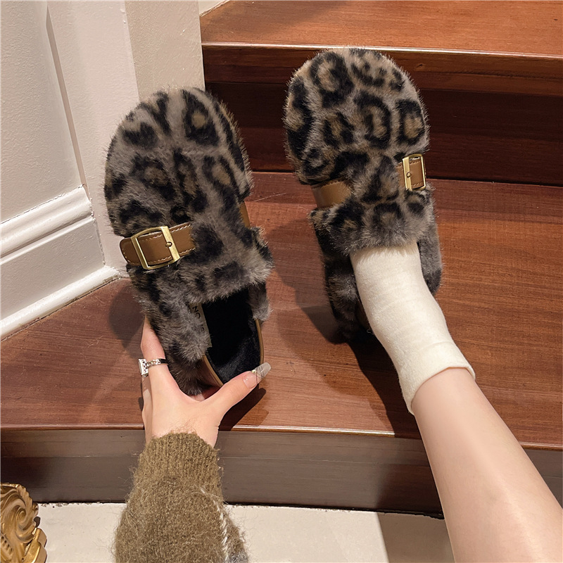Ženske zimske cipele s leopard uzorkom i umjetnim krznom, Velcro zatvarač, slip-on, niski potplat, okrugli vrh