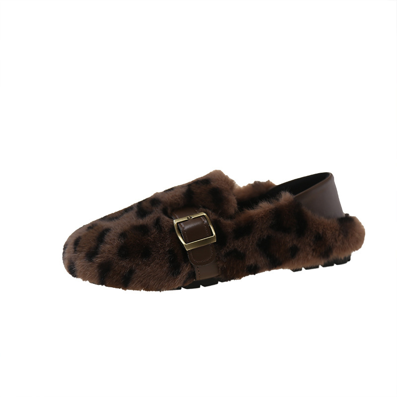 Ženske zimske cipele s leopard uzorkom i umjetnim krznom, Velcro zatvarač, slip-on, niski potplat, okrugli vrh