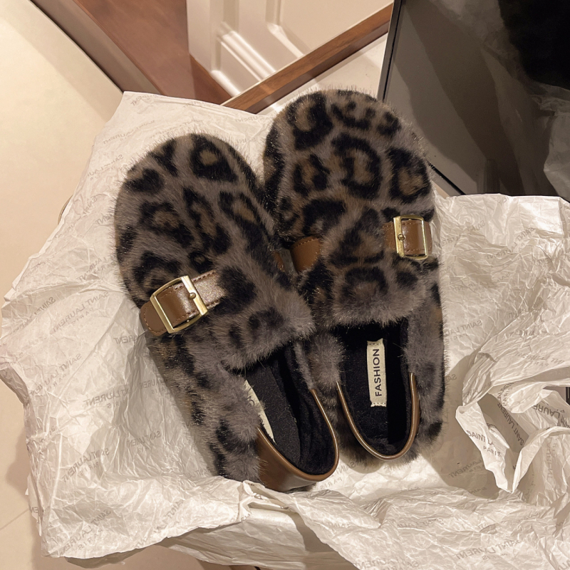 Ženske zimske cipele s leopard uzorkom i umjetnim krznom, Velcro zatvarač, slip-on, niski potplat, okrugli vrh