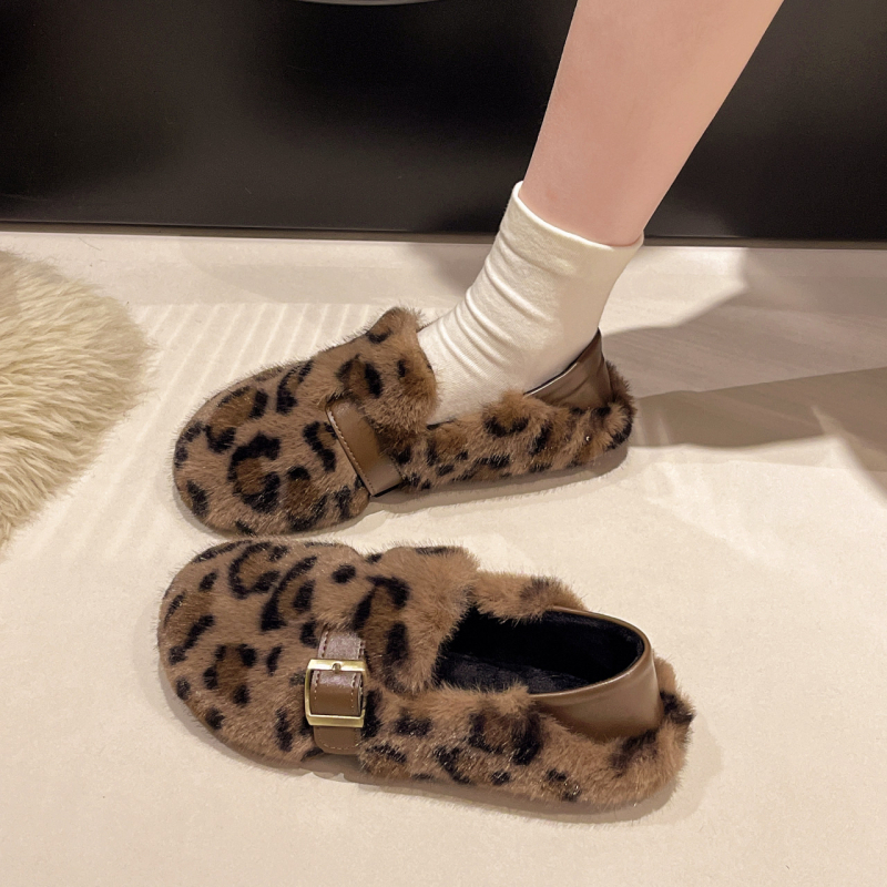 Ženske zimske cipele s leopard uzorkom i umjetnim krznom, Velcro zatvarač, slip-on, niski potplat, okrugli vrh