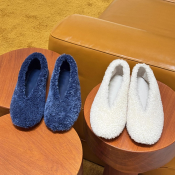Pantofi de damă din bumbac, mule cu partea superioară din velur, căptușeală din pluș artificial, talpă din cauciuc, vârf rotund, toc plat
