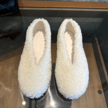 Pantofi de damă din bumbac, mule cu partea superioară din velur, căptușeală din pluș artificial, talpă din cauciuc, vârf rotund, toc plat