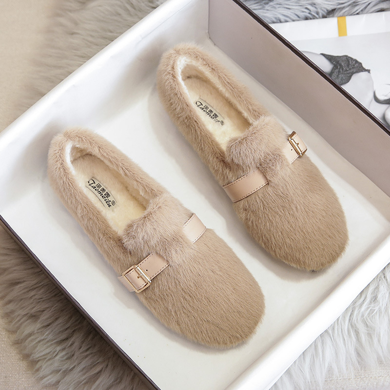 Damske slip-on cipele s kožušinom na gornjem dijelu, toplom umjetnom vunom iznutra, gumom potplata, korejskog stila Bean Shoes