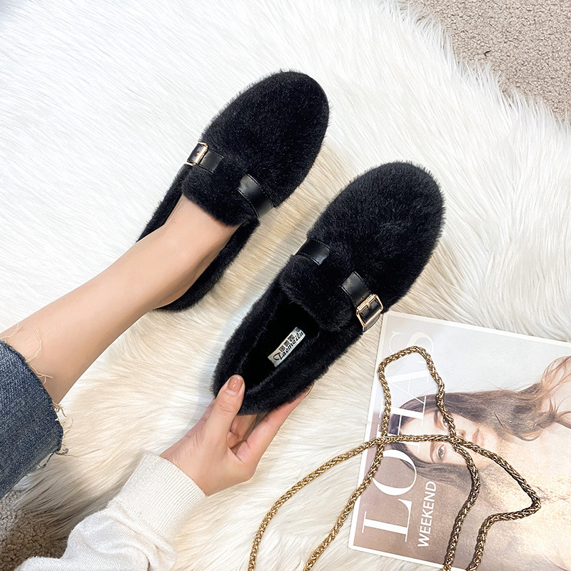 Damske slip-on cipele s kožušinom na gornjem dijelu, toplom umjetnom vunom iznutra, gumom potplata, korejskog stila Bean Shoes
