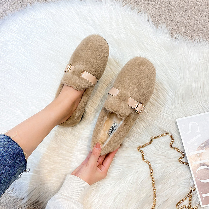 Damske slip-on cipele s kožušinom na gornjem dijelu, toplom umjetnom vunom iznutra, gumom potplata, korejskog stila Bean Shoes