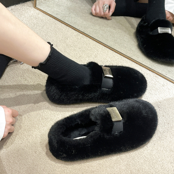 Ženske zimske cipele slip-on s umjetnim plišem, zaobljeni vrh, niski plosnati potplat 1–3 cm