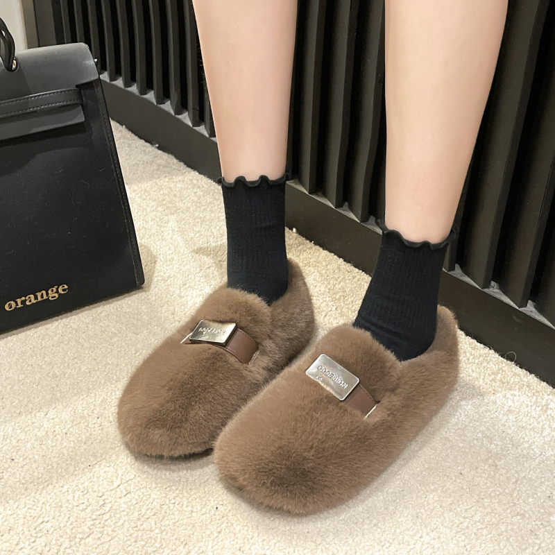 Ženske zimske cipele slip-on s umjetnim plišem, zaobljeni vrh, niski plosnati potplat 1–3 cm