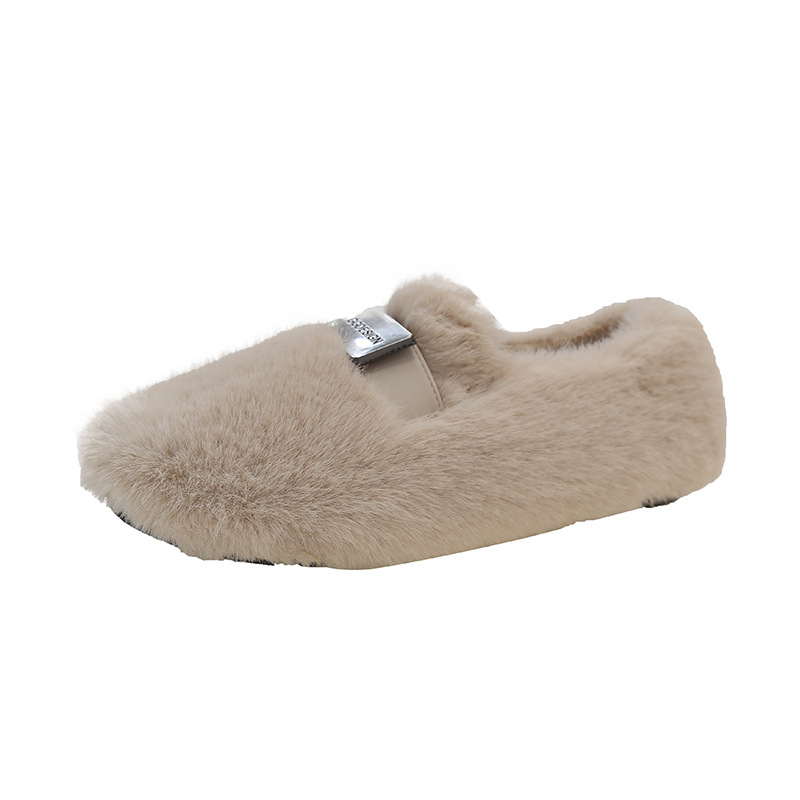 Ženske zimske cipele slip-on s umjetnim plišem, zaobljeni vrh, niski plosnati potplat 1–3 cm