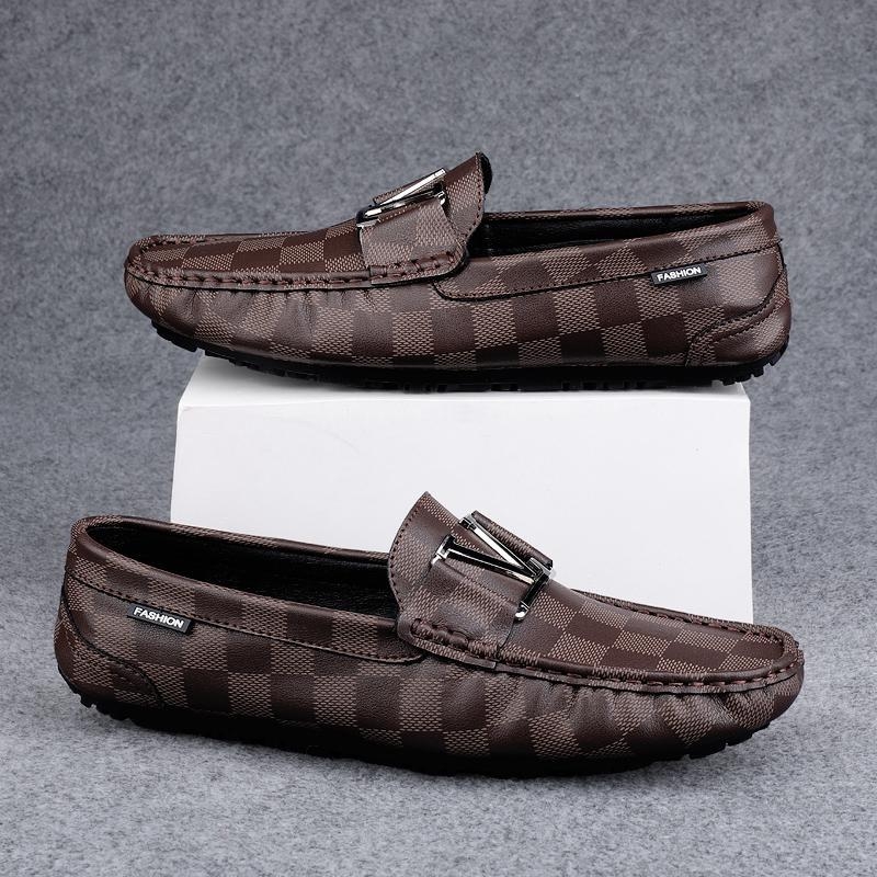 Vīriešu ādas slip-on loaferi ar rakstainu rakstu, kvadrātveida purns, gumijas zole