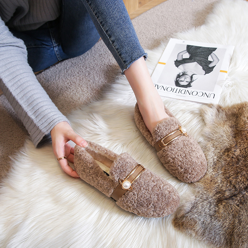 Ženske slip-on cipele s debelim potplatom od ovčje vune, podstava od umjetnog krzna, gumeni potplat, niski gležanj, 1–3 cm visina
