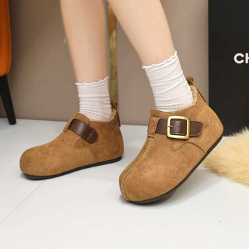 Loafers pentru femei în stil Birkenstock – Slip-on cu o cataramă, vârf rotund, partea superioară din velur, căptușeală din blană sintetică scurtă, talpă din cauciuc, înălțimea călcâiului 3-5 cm