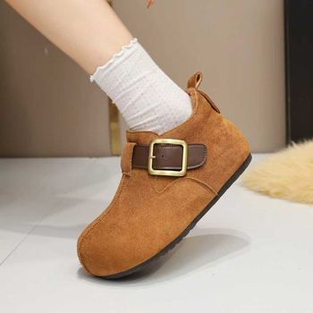 Loafers pentru femei în stil Birkenstock – Slip-on cu o cataramă, vârf rotund, partea superioară din velur, căptușeală din blană sintetică scurtă, talpă din cauciuc, înălțimea călcâiului 3-5 cm