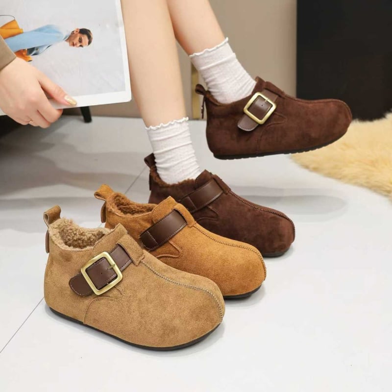 Loafers pentru femei în stil Birkenstock – Slip-on cu o cataramă, vârf rotund, partea superioară din velur, căptușeală din blană sintetică scurtă, talpă din cauciuc, înălțimea călcâiului 3-5 cm