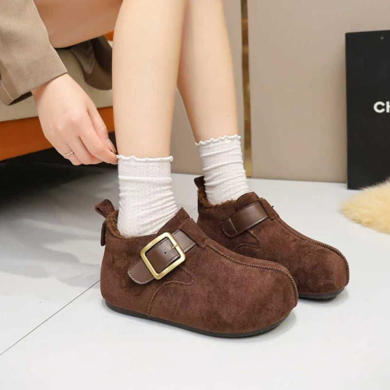 Loafers pentru femei în stil Birkenstock – Slip-on cu o cataramă, vârf rotund, partea superioară din velur, căptușeală din blană sintetică scurtă, talpă din cauciuc, înălțimea călcâiului 3-5 cm