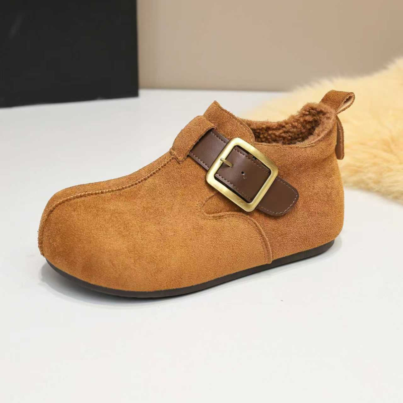 Loafers pentru femei în stil Birkenstock – Slip-on cu o cataramă, vârf rotund, partea superioară din velur, căptușeală din blană sintetică scurtă, talpă din cauciuc, înălțimea călcâiului 3-5 cm