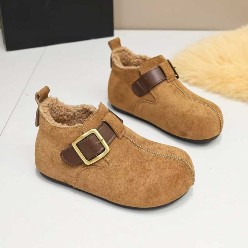 Loafers pentru femei în stil Birkenstock – Slip-on cu o cataramă, vârf rotund, partea superioară din velur, căptușeală din blană sintetică scurtă, talpă din cauciuc, înălțimea călcâiului 3-5 cm