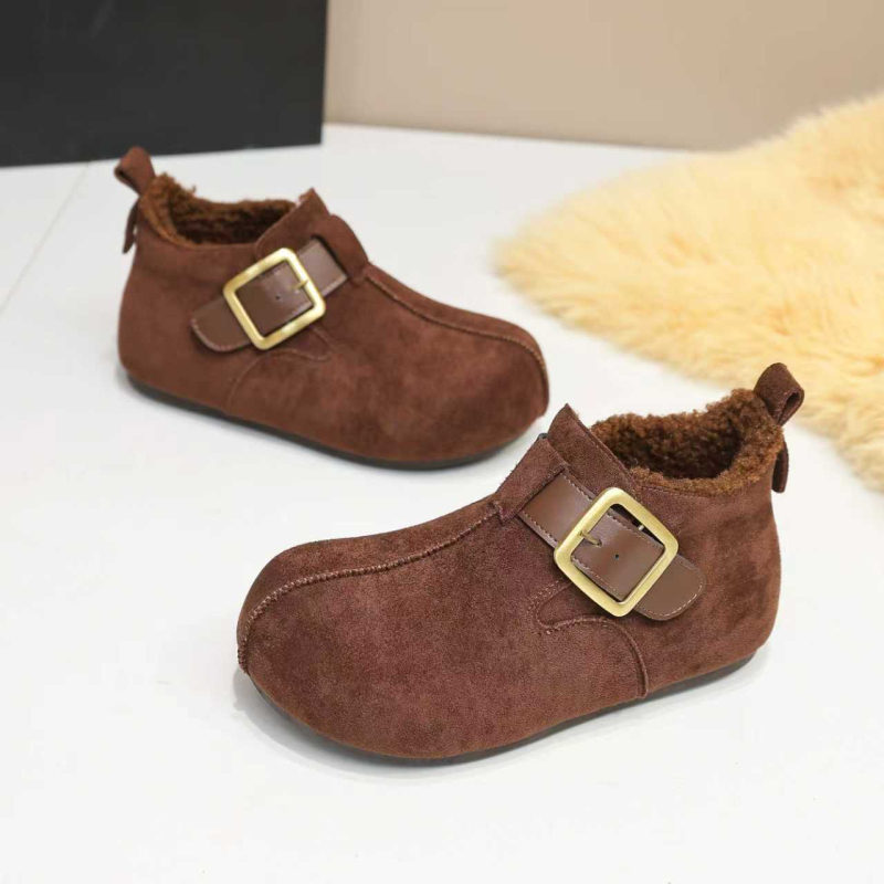 Loafers pentru femei în stil Birkenstock – Slip-on cu o cataramă, vârf rotund, partea superioară din velur, căptușeală din blană sintetică scurtă, talpă din cauciuc, înălțimea călcâiului 3-5 cm