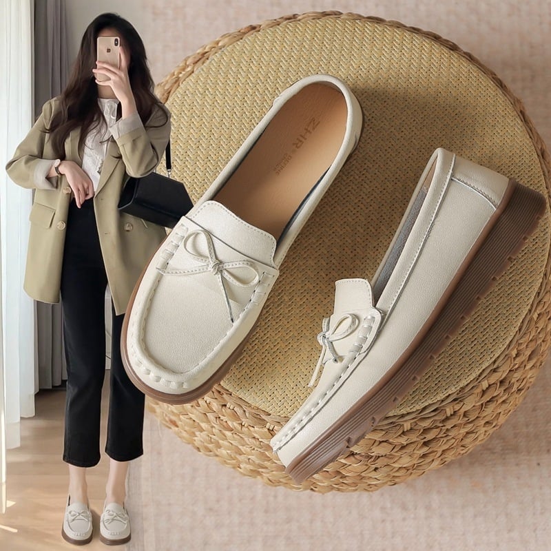 Γυναικείοι δερμάτινοι loafers με φαρδιά σόλα, στρογγυλή μύτη, χαμηλό τακούνι, καουτσούκ σόλα, καθημερινό στυλ