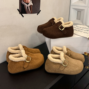 Pantofi damă din velur cu căptușeală fleece, talpă groasă din cauciuc, vârf rotund, înălțime joasă