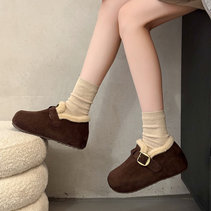 Pantofi damă din velur cu căptușeală fleece, talpă groasă din cauciuc, vârf rotund, înălțime joasă