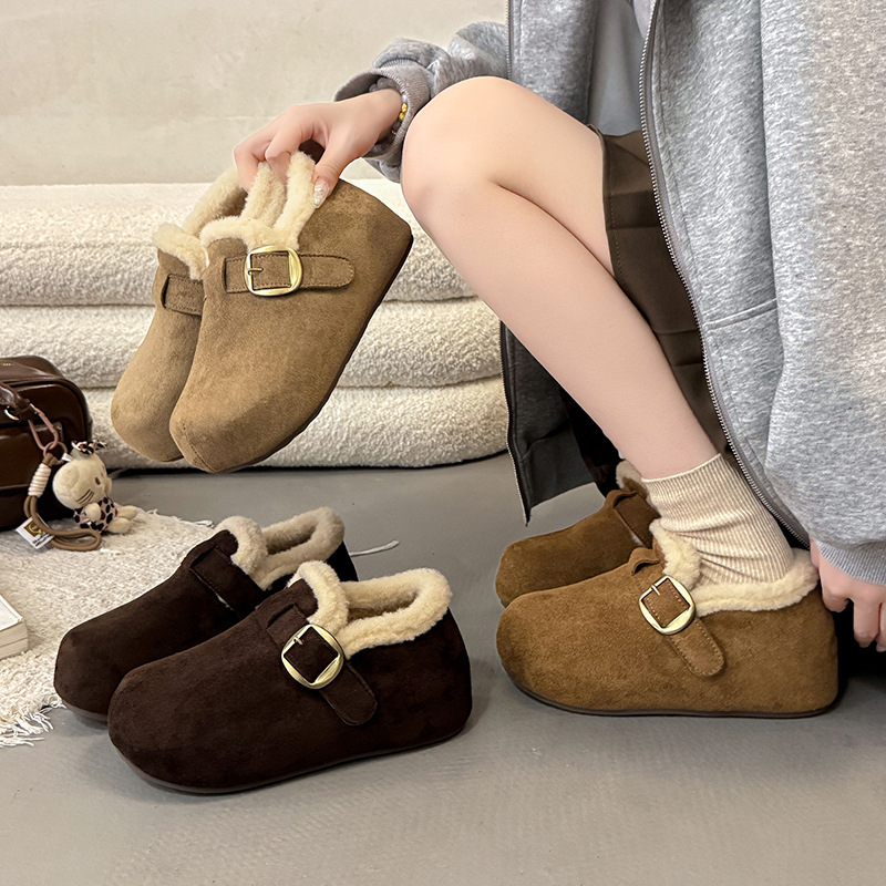 Pantofi damă din velur cu căptușeală fleece, talpă groasă din cauciuc, vârf rotund, înălțime joasă