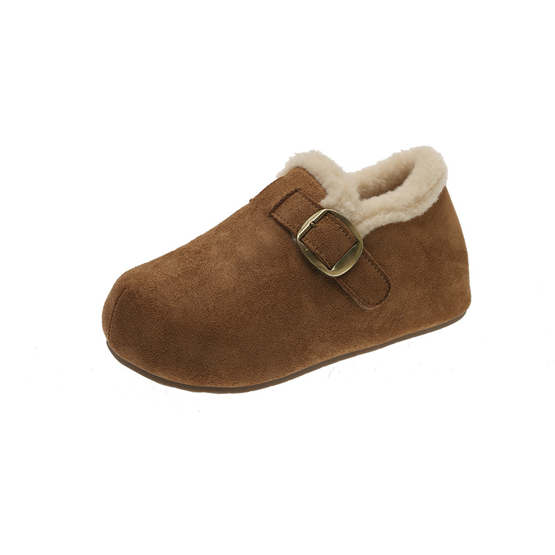 Pantofi damă din velur cu căptușeală fleece, talpă groasă din cauciuc, vârf rotund, înălțime joasă