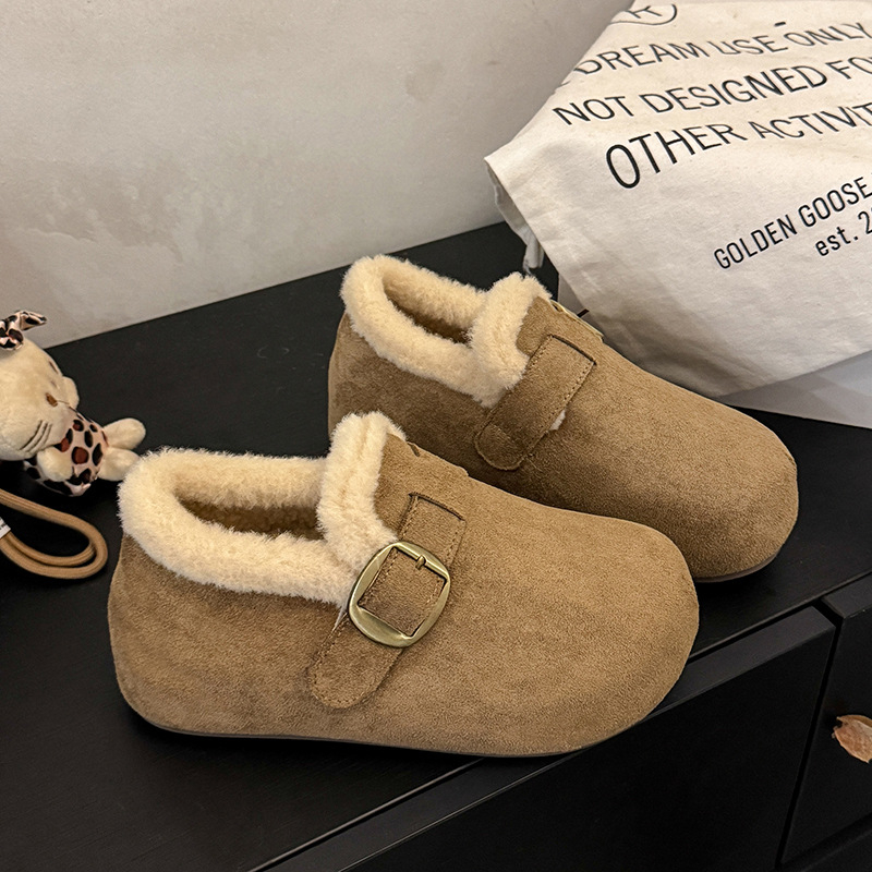 Pantofi damă din velur cu căptușeală fleece, talpă groasă din cauciuc, vârf rotund, înălțime joasă