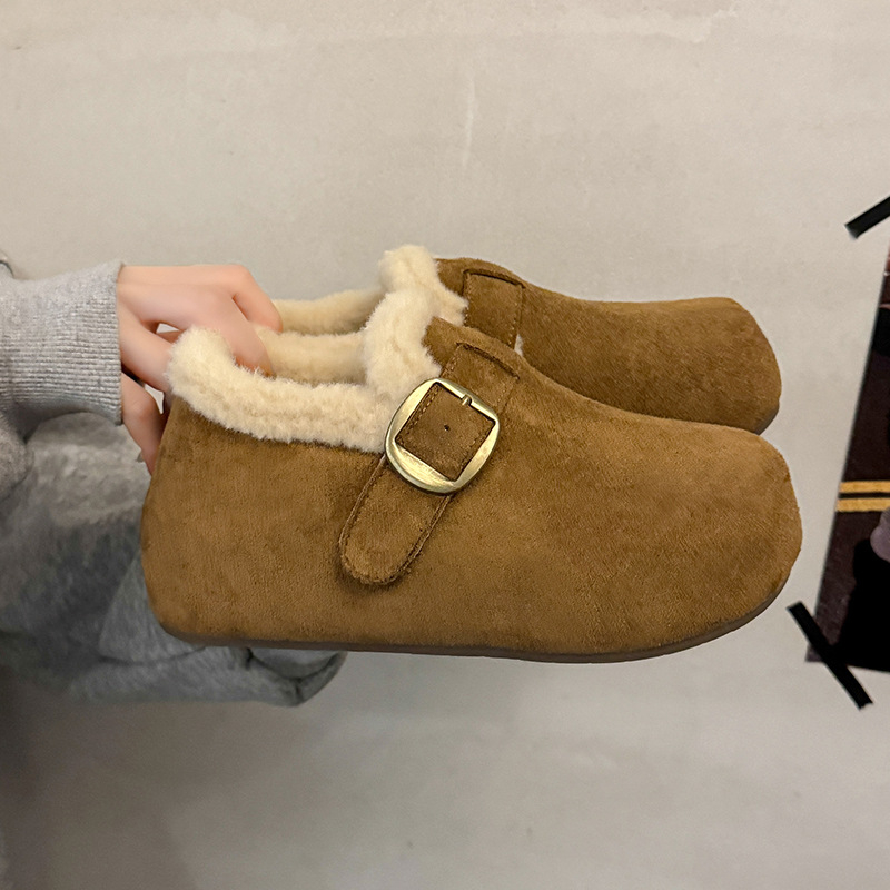 Pantofi damă din velur cu căptușeală fleece, talpă groasă din cauciuc, vârf rotund, înălțime joasă