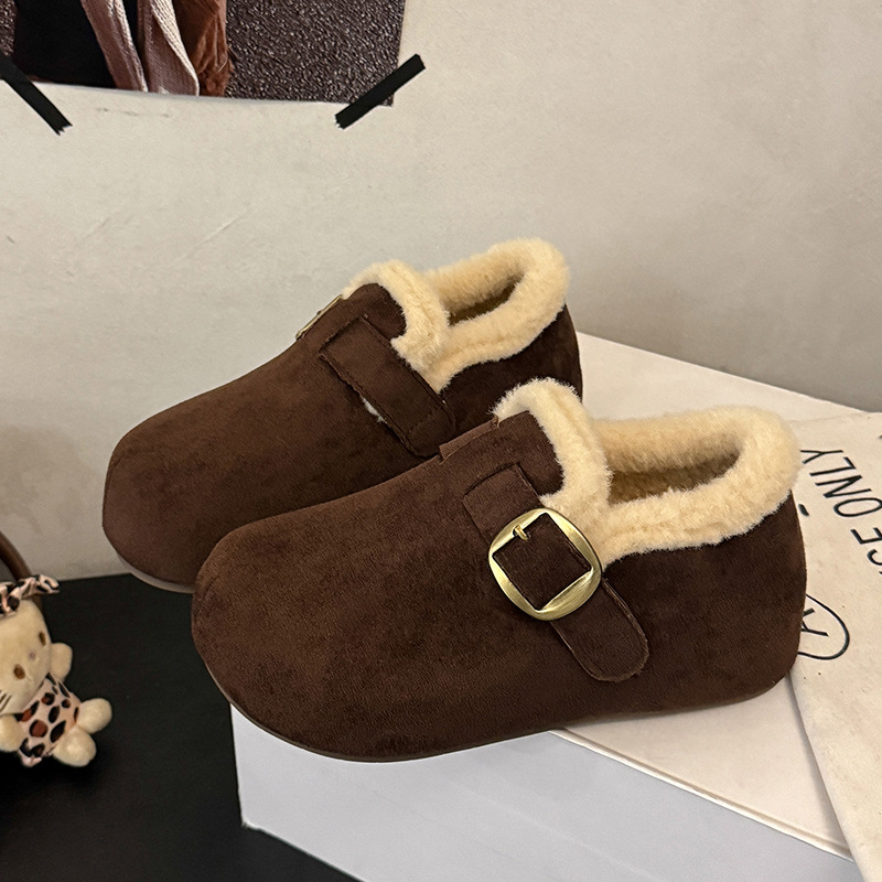 Pantofi damă din velur cu căptușeală fleece, talpă groasă din cauciuc, vârf rotund, înălțime joasă