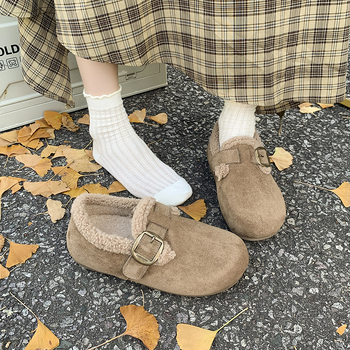 Pantofi de iarnă pentru femei, în stil Birkenstock, partea superioară din velur, căptușiți cu fleece, talpă din cauciuc, talpă joasă, înălțimea tocurilor 3–5 cm