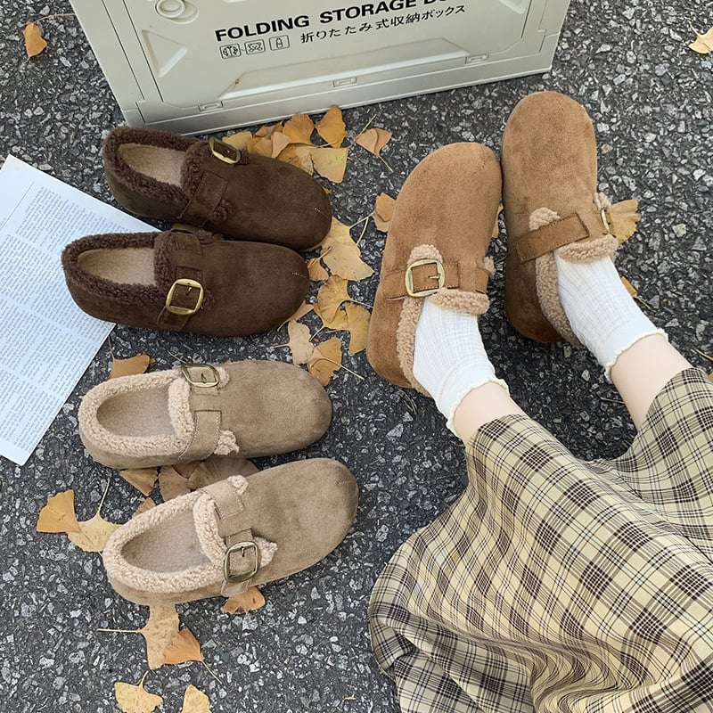 Pantofi de iarnă pentru femei, în stil Birkenstock, partea superioară din velur, căptușiți cu fleece, talpă din cauciuc, talpă joasă, înălțimea tocurilor 3–5 cm