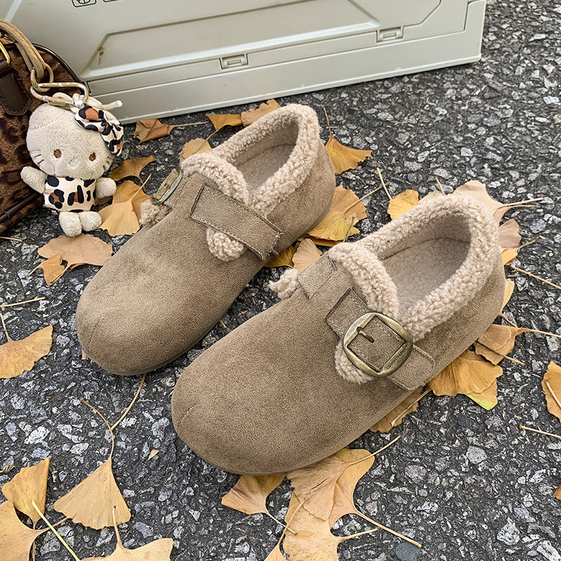 Pantofi de iarnă pentru femei, în stil Birkenstock, partea superioară din velur, căptușiți cu fleece, talpă din cauciuc, talpă joasă, înălțimea tocurilor 3–5 cm