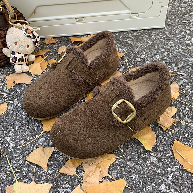 Pantofi de iarnă pentru femei, în stil Birkenstock, partea superioară din velur, căptușiți cu fleece, talpă din cauciuc, talpă joasă, înălțimea tocurilor 3–5 cm