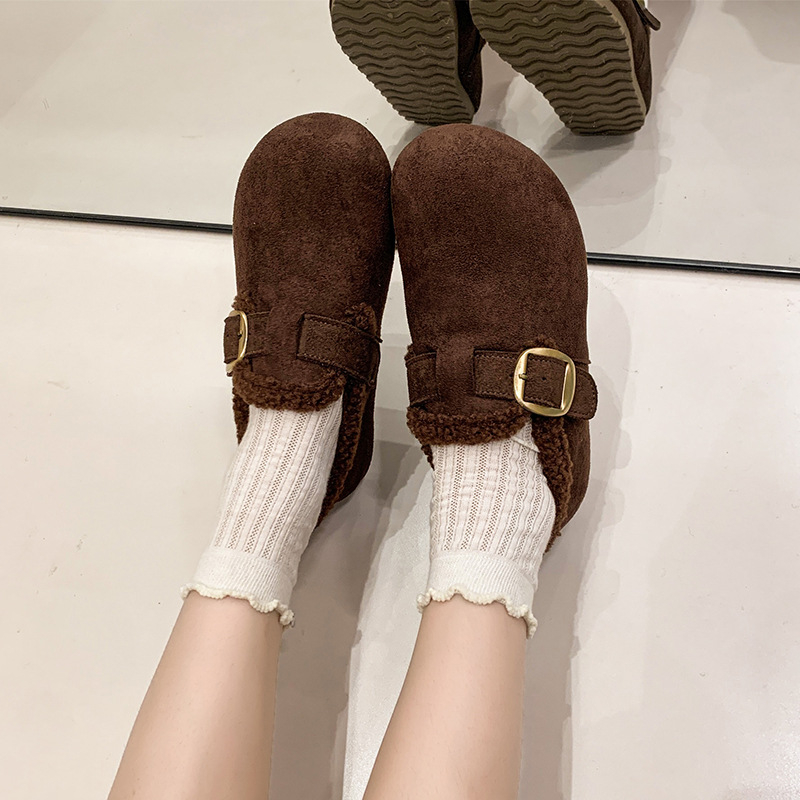 Mocasin slip-on pentru femei, talpă groasă, căptușit cu fleece, pentru iarnă, vârf rotund