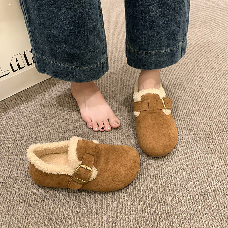 Mocasin slip-on pentru femei, talpă groasă, căptușit cu fleece, pentru iarnă, vârf rotund