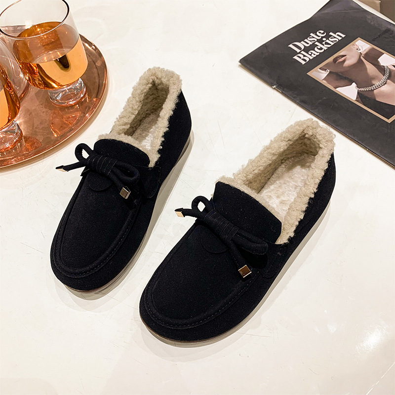 Pantofi de iarnă pentru femei, fără șireturi, cu căptușeală de fleece, din nubuk, vârf rotund, talpă din cauciuc