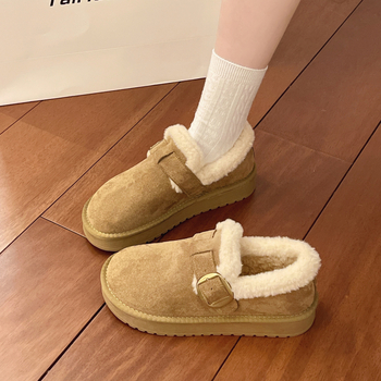 Pantofi de iarnă din bumbac, căptușiți cu blană, talpă plată din plastic, vârf rotund, croială joasă