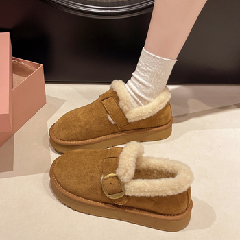 Pantofi de iarnă din bumbac, căptușiți cu blană, talpă plată din plastic, vârf rotund, croială joasă