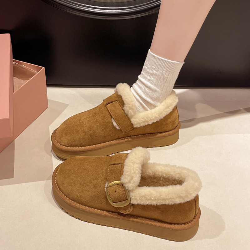 Pantofi de iarnă din bumbac, căptușiți cu blană, talpă plată din plastic, vârf rotund, croială joasă