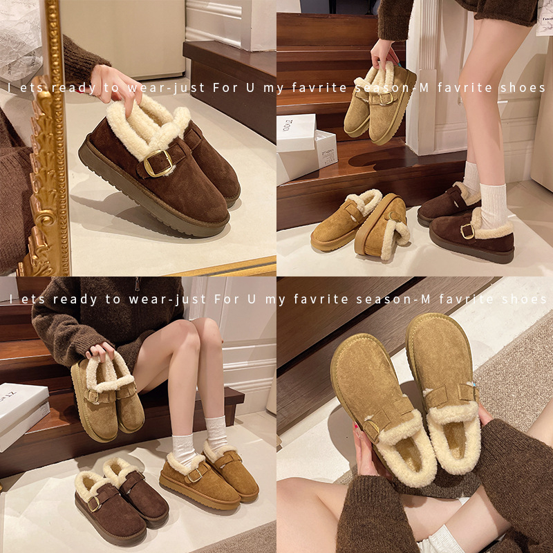 Pantofi de iarnă din bumbac, căptușiți cu blană, talpă plată din plastic, vârf rotund, croială joasă