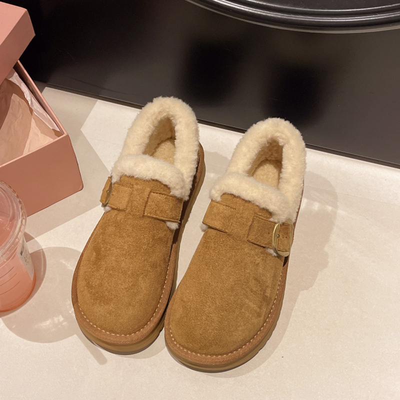 Pantofi de iarnă din bumbac, căptușiți cu blană, talpă plată din plastic, vârf rotund, croială joasă