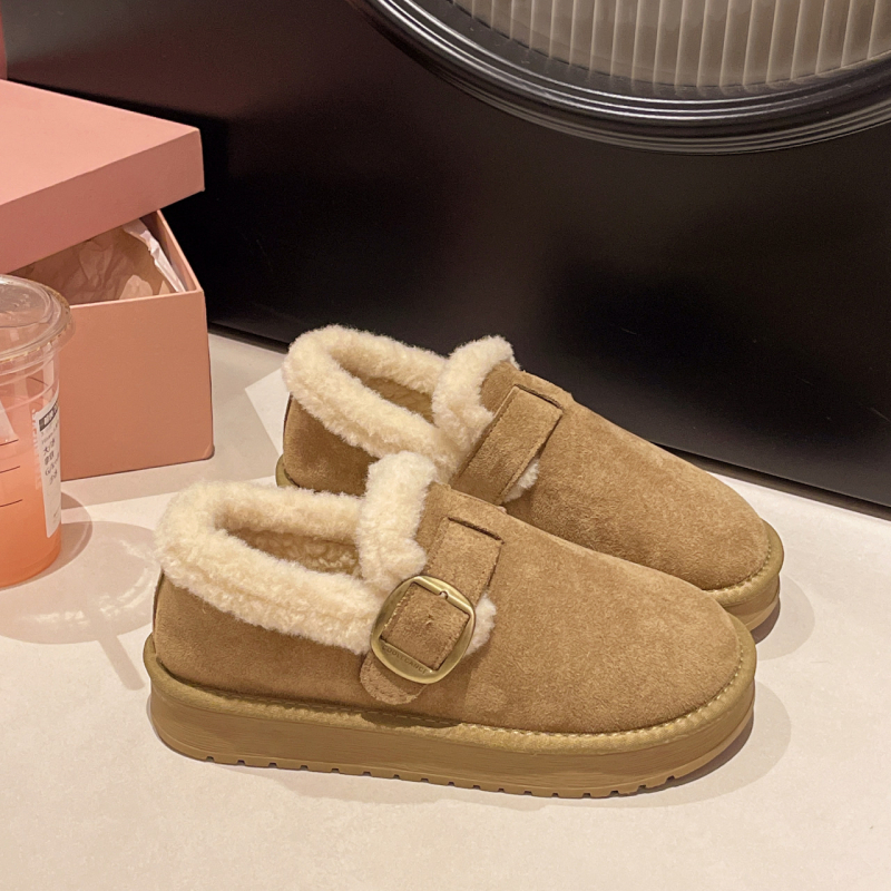 Pantofi de iarnă din bumbac, căptușiți cu blană, talpă plată din plastic, vârf rotund, croială joasă