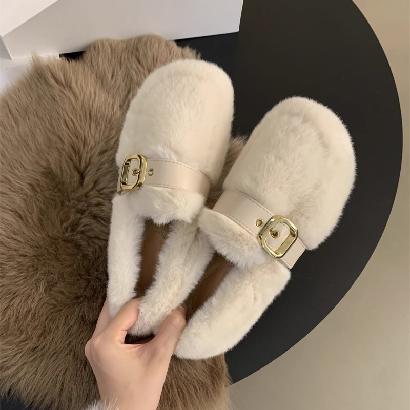 Ženske slip-on cipele s mink krznom, gornji dio od suedea, unutarnja podstava od pamuka, EVA ulošak, gumena potplat, niski ravni potpetica