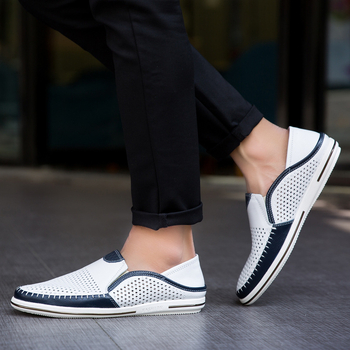 Vīriešu ādas loaferi ar elpojošu dizainu, augšējā daļa no liellopa ādas, apaļa purngala, gumijas zole, bez aizdares